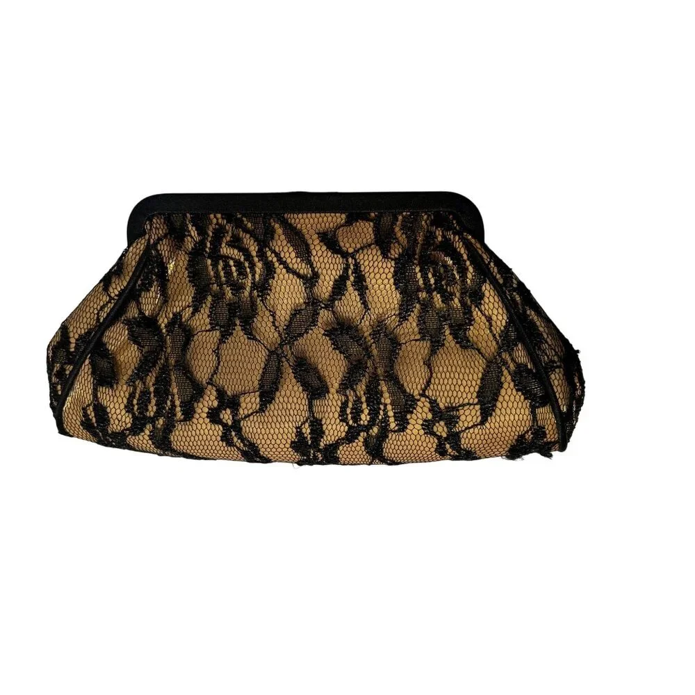 VTG Black Lace Overlay Gold Evening Clutch Handbag Elegant Metallic Kiss Clasp - Picture 5 of 16